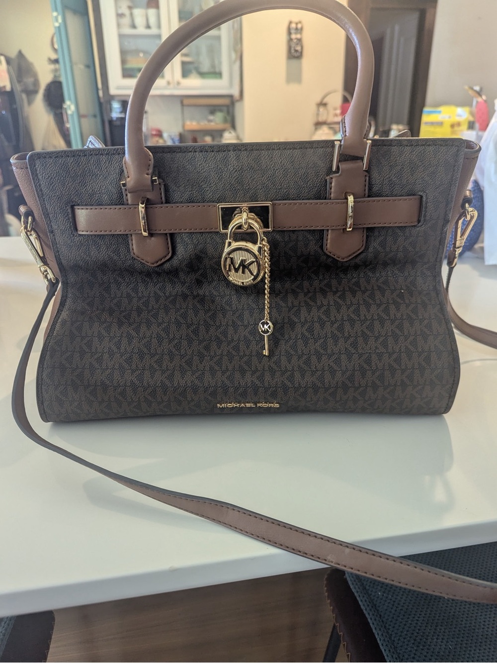 Michael Kors Brown Logo Satchel with Gold Hardware
